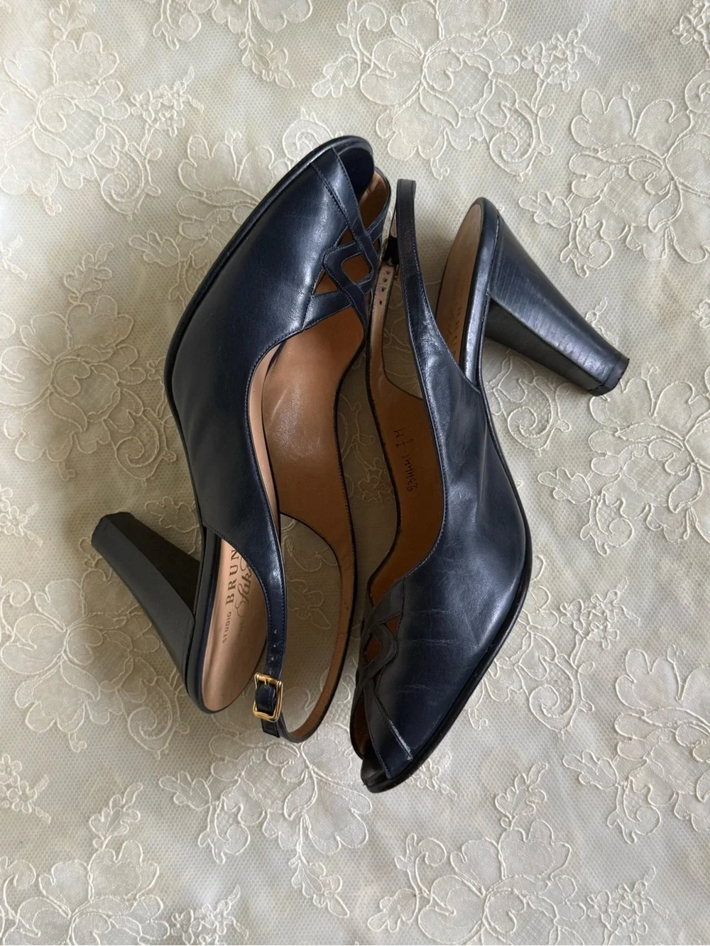 Bruno Magli Navy Blue Leather Slingback Peep-Toe Heels